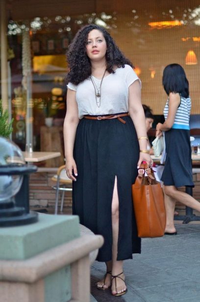 White T-Shirt and Maxi Skirt with Belt, Flats, Handbag