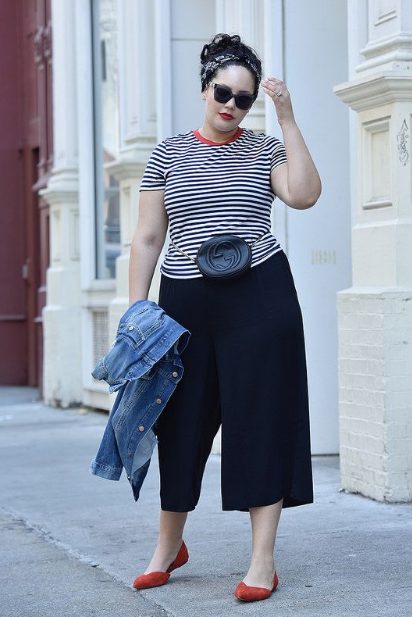 Striped T-shirt with Black Culottes and Red Flats