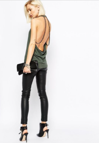 Backless Shirt, Leather Pants, and High Heels