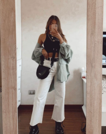 Tank Top, Shirt Jacket, and Wide-leg Jeans