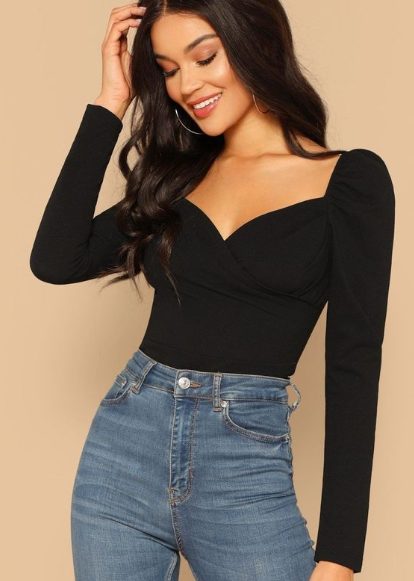 Black Long-sleeve T-shirt and Blue Jeans