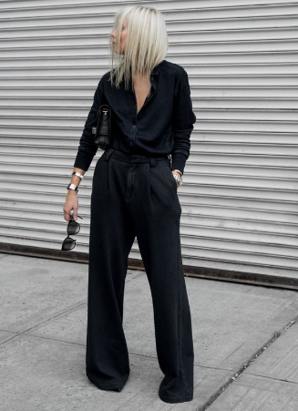 Black Shirts with Black Wide-leg Pants and Heels