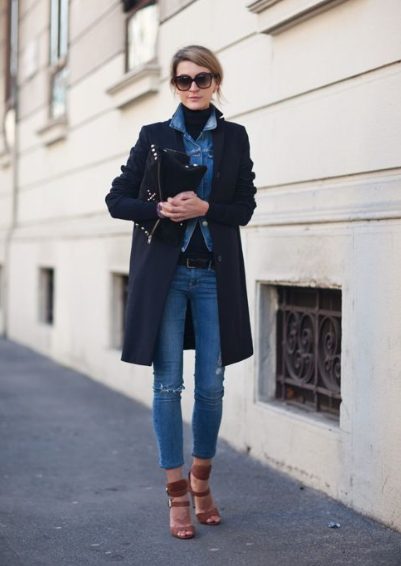 Black Turtleneck, Long Coats with Jeans and Heels