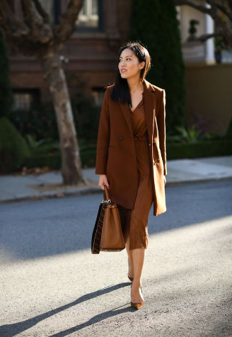 Brown Dresses with Blazers and Brown Heels