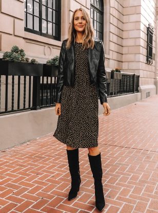 Black Floral Print Dresses, Leather Jackets, and Knee-high Boots