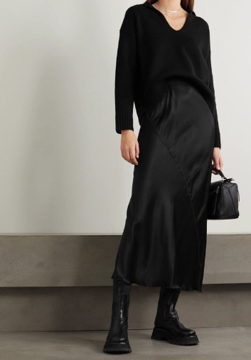 Sweaters, Satin Midi Skirts, and Boots