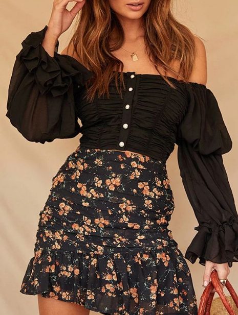 Puff Sleeve Crop Top And Floral Mini Skirt