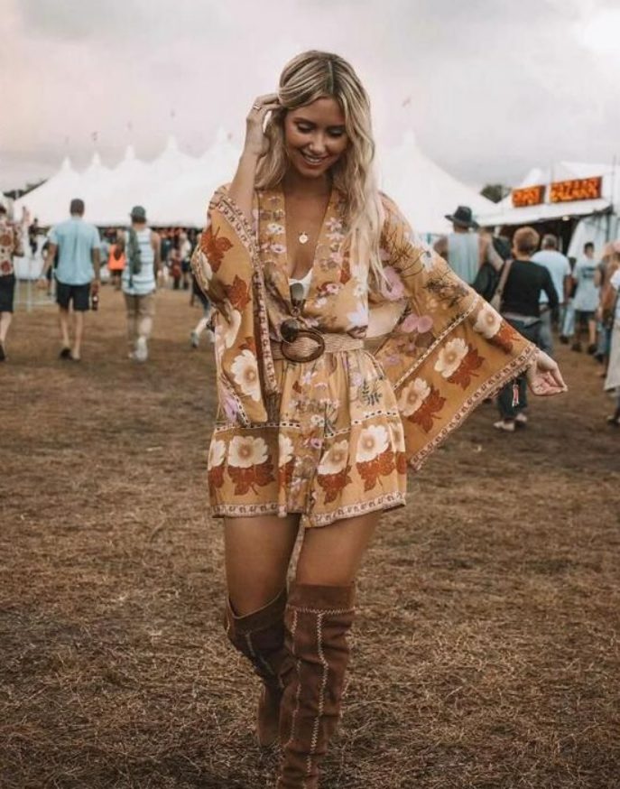 Patterned Kimono Sleeve Romper Suits And Knee-High Boots