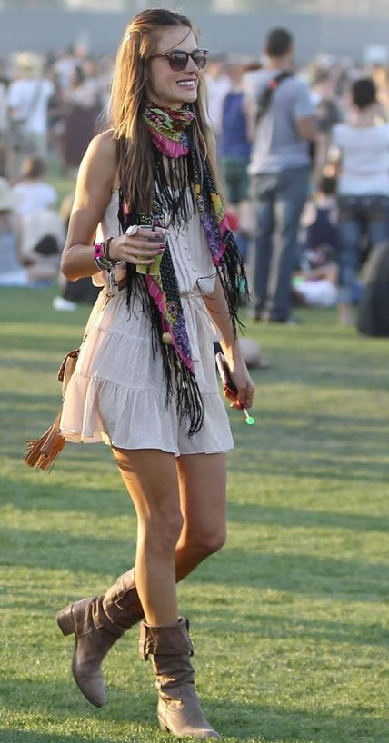 Simple Mini Dress With A Fringed Shawl And Boots