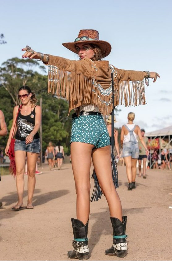 Tassel Leather Jacket, Floral Shorts, Cowboy Hats, And Boots