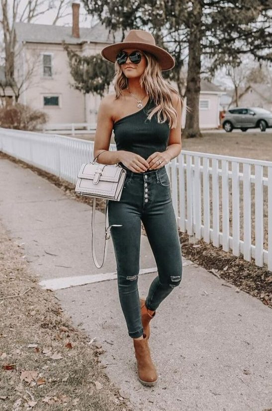 One-Shoulder Top, High-Waisted Jeans, Cowboy Hats, And Boots