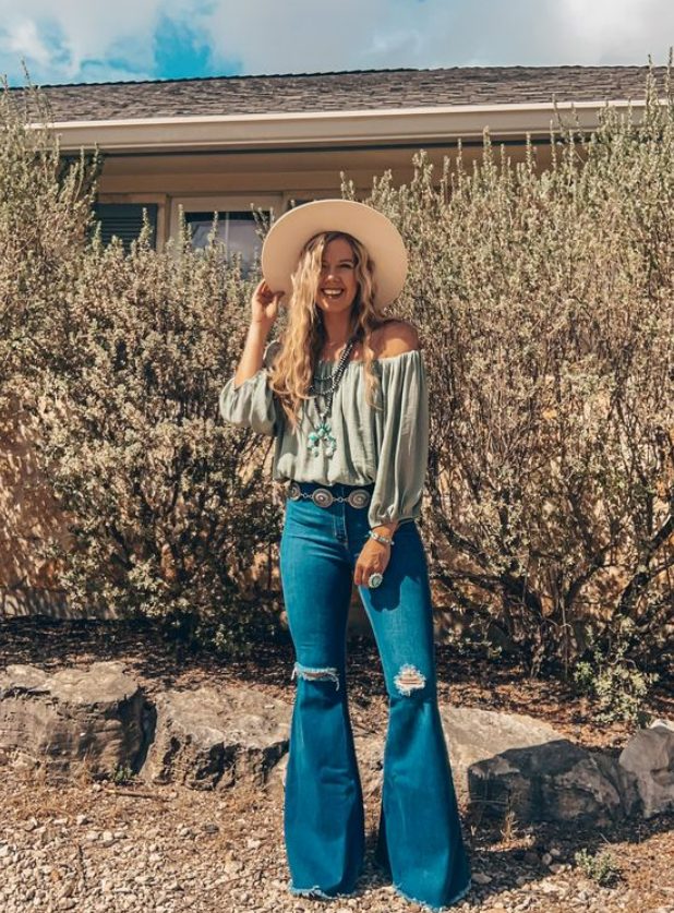 Off-Shoulder Tops, Flare Jeans With Cowboy Hats And Boots