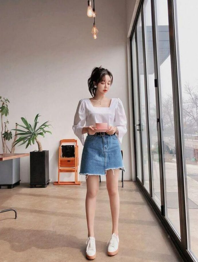 Long Sleeve White Blouse and Denim Skirt, Sneakers