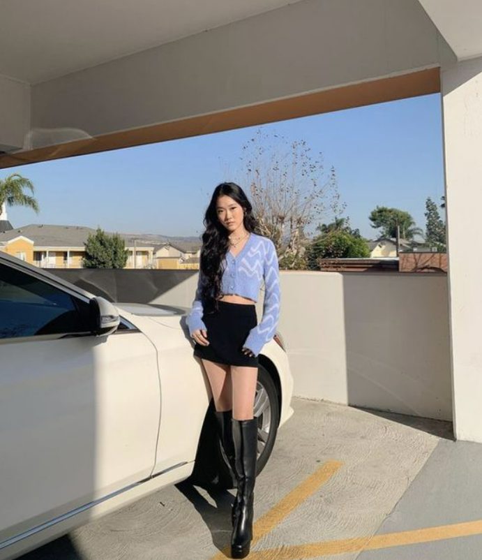 Blue Sweater Crop Top, High-waisted Mini Skirt, Knee High Boots
