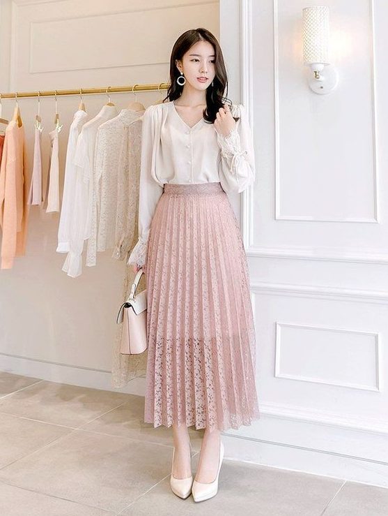 Long Sleeve Blouse, Accordion Long Skirt