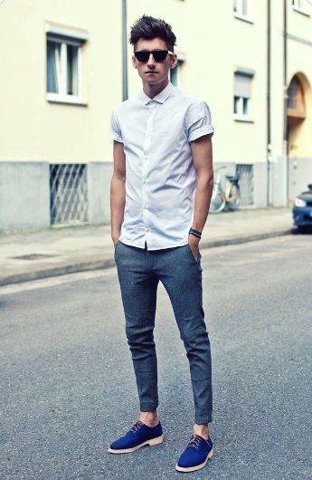Men's White Short Sleeve Shirt, Chinos Oants, and Blue Suede Derby Shoes