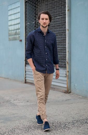 Navy Long-Sleeve Shirt, Chinos Pant, and Blue Suede Derby Shoes