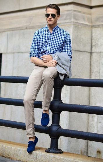 Blue Plaid Shirt, Chinos Pants, and Blue Suede Loafers