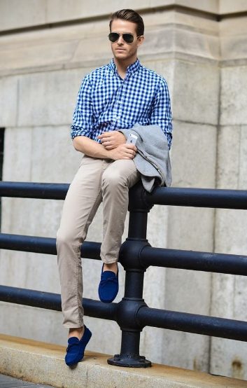 Blue Plaid Shirt, Chinos Pants, and Blue Suede Loafers
