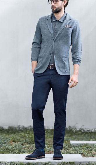  Polo T-shirt, Blazer, Trousers, and Blue Suede Derby Shoes