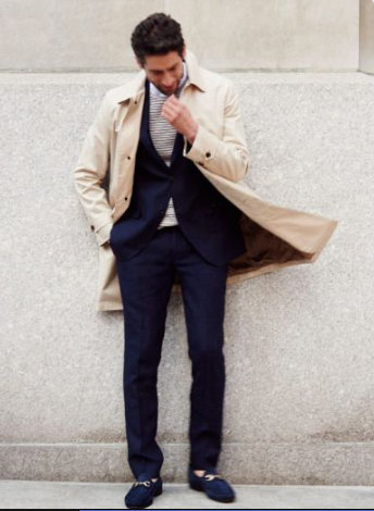 Long Trench Coat and Navy Suede Loafers