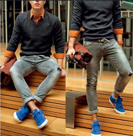 Sweater Over Shirt, Ripped Jeans, and Blue Sneaker