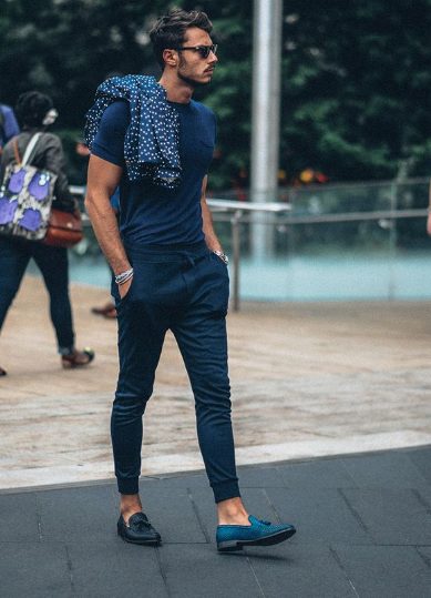 Jogger, T-shirt, and Navy Leather Tassel Loafers