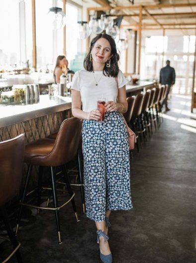T-shirt, Floral Culottes, and Blue Suede Flats