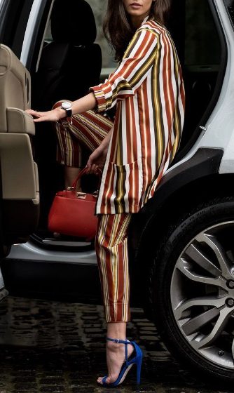 Striped Suit and Blue High Heel Strap Sandals