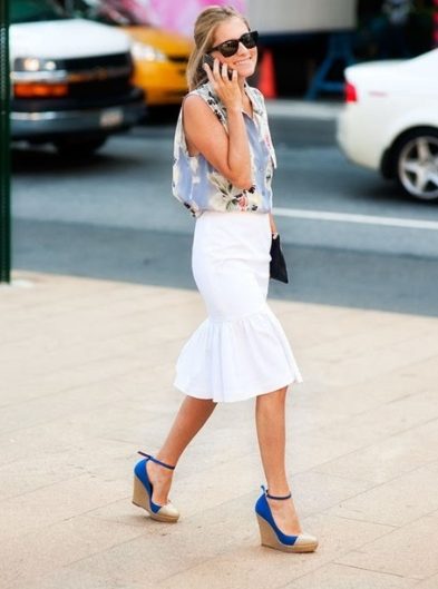 Floral Top, White Skirt, and Blue Wedges