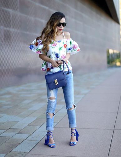 Off Shoulder Top, Ripped Jeans, and High Heel Gladiator Sandals