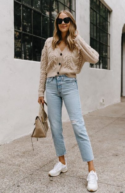 Cardigan, Straight Leg Jeans, And Sneakers
