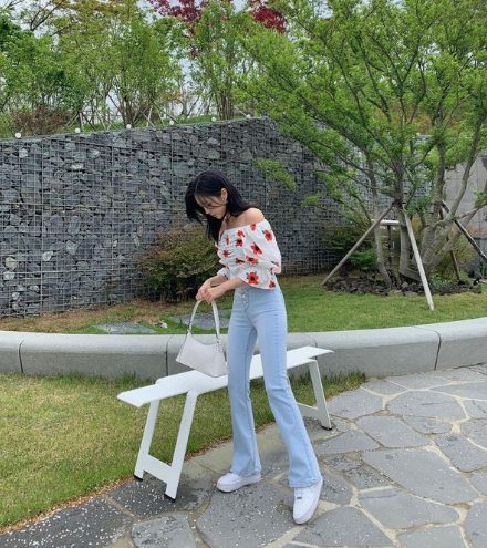 Off-Shoulder Tops, Boot Cut Jeans, And Sneakers