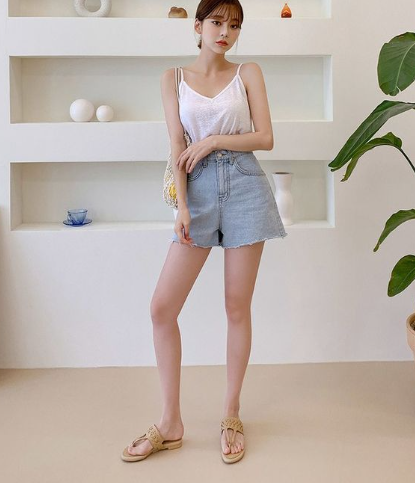 Camisoles, Light Blue Short Jeans, And Sandals
