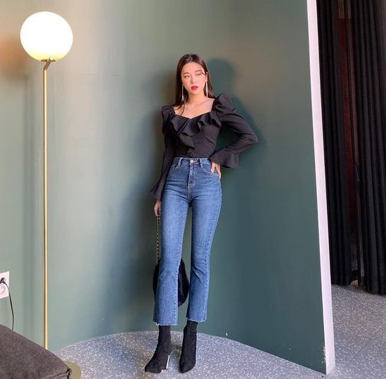 Ruffle Front Tops, Boot Cut Jeans, And Ankle Heel Boots