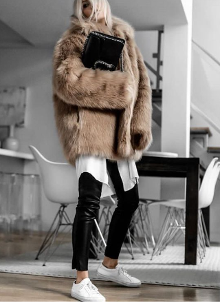 Faux Fur Coat with Sneakers in Fall