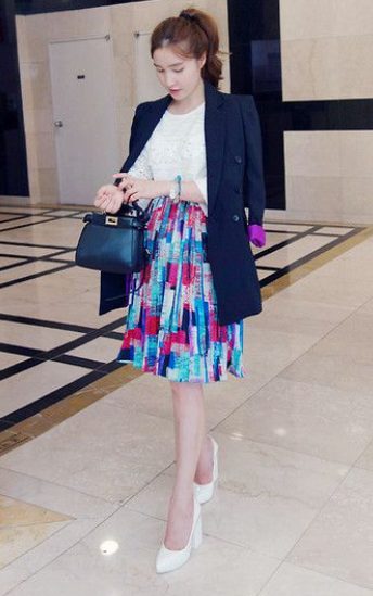 Blazer Shirt with Pleated Skirt and Pumps