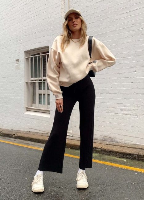 Flare Pants with Sweater and Chunky Sneakers