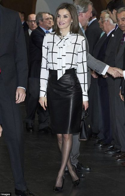 Black and White Plaid Shirt with a Slim-fit Leather Skirt