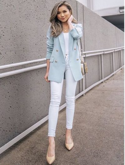A White Skinny Jeans and Shirt with a Blazer