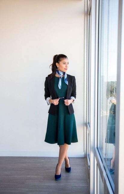 Green Dress with Black Blazer and Scarf