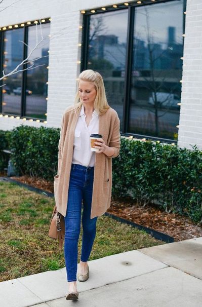 A White Shirt with a Cream Cardigan and Blue Jeans