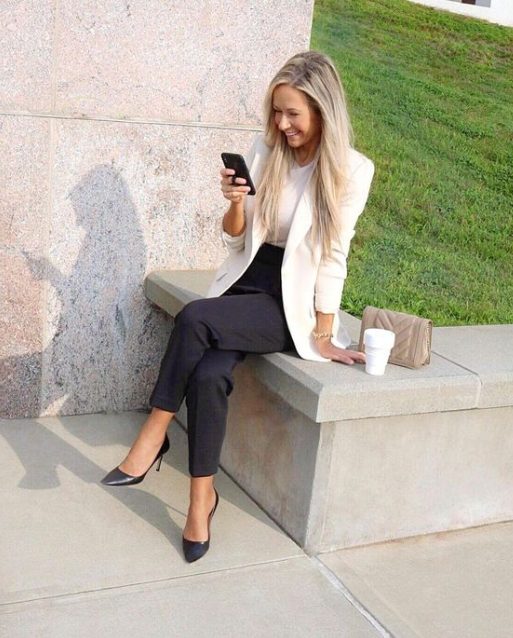 A White Tee with a White Blazer and Black Ankle Pants