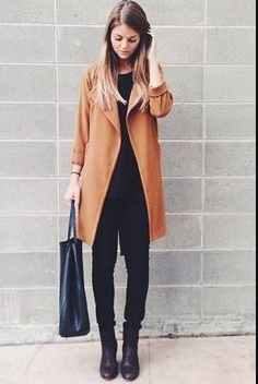 Black Tee with a Camel Coat and Black Slim-fit Jeans