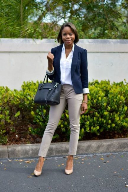A White Shirt with Navy Blue Blazer and Frey Ankle Pants