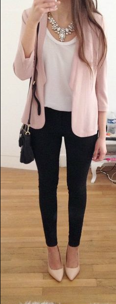 A White Tee with a Pink Blazer and Black Pants