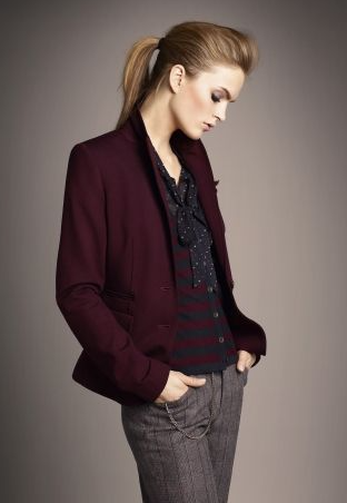 A Black Shirt with Wine Blazer and Grey Pants