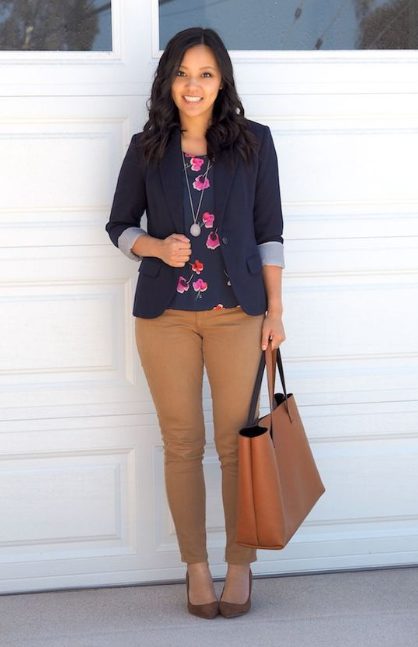 Floral Shirt with Navy Blue Blazer and Khaki Pants