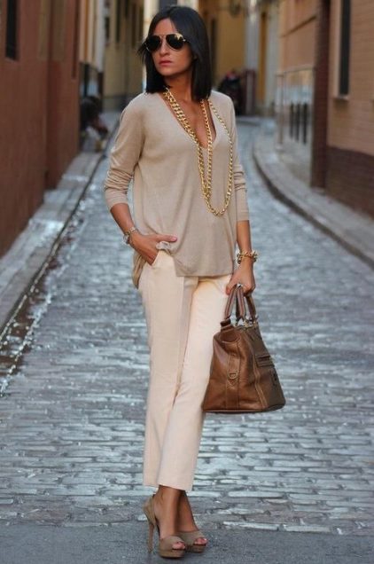 Grey Blouse with Cream Pants