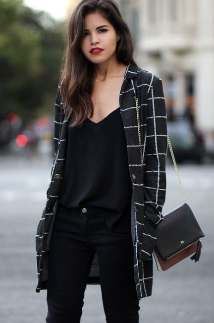 Black Camisole with Check Blazer and Black Pants